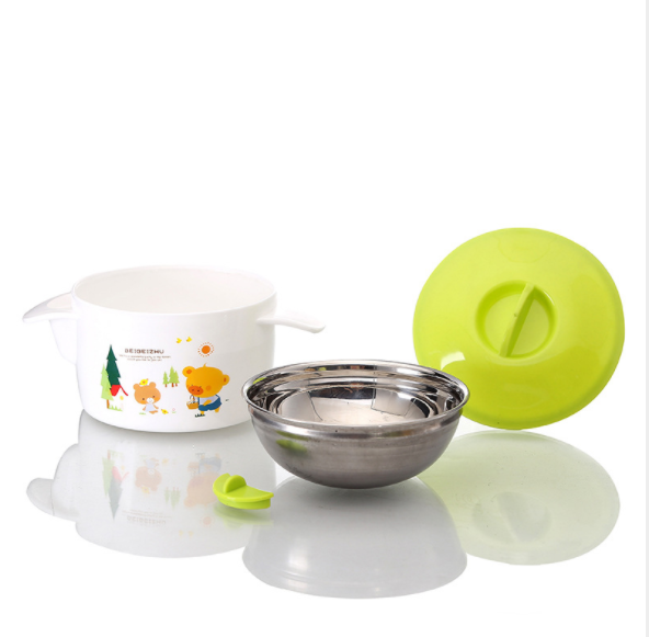 Double Layer Insulated Bowl for Kids next to a kettle, showcasing child-friendly kitchenware.
