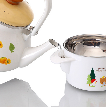 Double Layer Insulated Bowl for Kids next to a kettle, showcasing child-friendly kitchenware.
